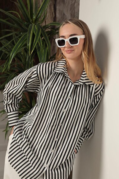 CHICnHAPPY Poplin Kalın Çizgi Kadın Gömlek Siyah