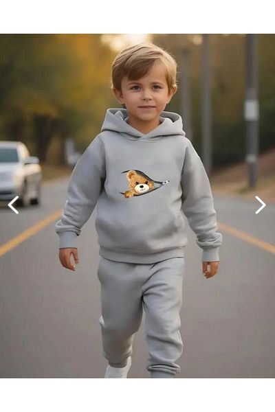 renkli diyar Unisex Children's Suit with Hoodie and Pants with Teddy Bear Print Kindergarten Primary School Kindergarten with Teddy Bear Print