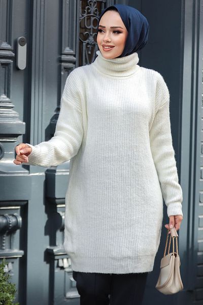 Neva Style Ψηλό λαιμό Ecru Hijab Knitwear Tunik Πουλόβερ 20223E