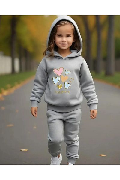 renkli diyar Girl's Top and Bottom Set Long Sleeve Hooded Sweat and Trousers Nursery Kindergarten Primary School