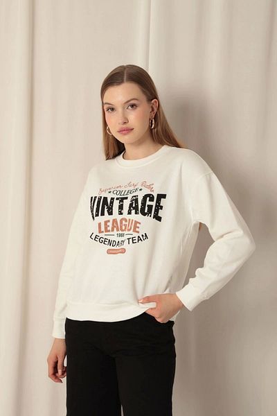 SaklıModa Sweat Ecru pentru femei, cu trei fire, cu imprimeu vintage