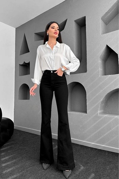 TugsatTasarTekstil KLina Pantaloni negri cu picior evazat Jean Flare pentru femei Fadeproof Power Lycra Gathering Jeans