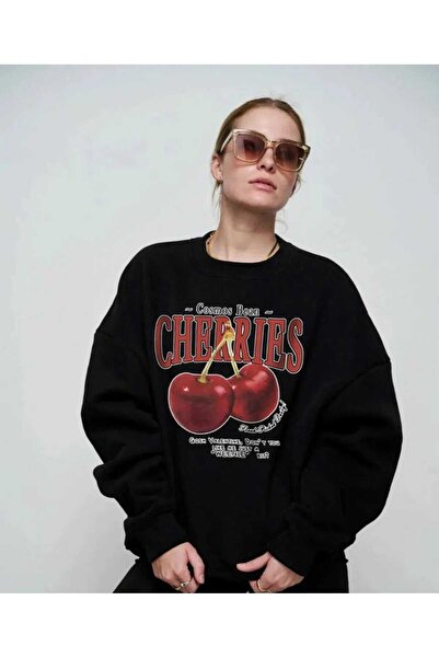 Elfa Tekstil Hanorac oversize negru cu decolteu rotund cu imprimeu cu cireșe