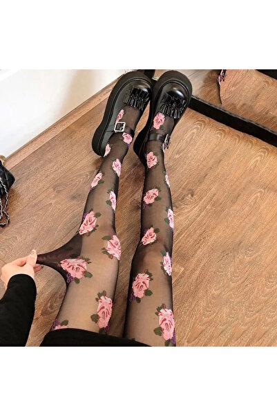 VEGAROKS Floral Print Thin Imported Black Pantyhose