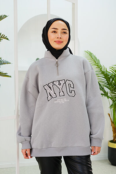 LOCCO Світло-сірий світшот з принтом NYC - на півзастібці для жінок