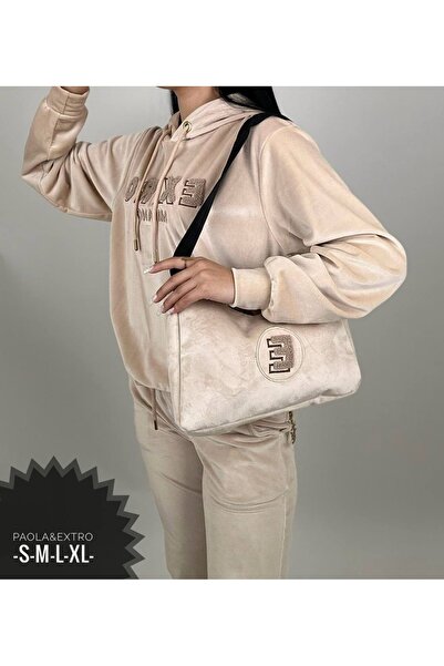 Kinzi Bej 3lü Çantalı Kadife Sweatshirt Eşofman Takımı