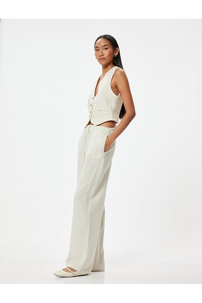 Koton Leinen-Mischung Hose mit weitem Bein gefüttert Tasche Taille elastisch gebunden