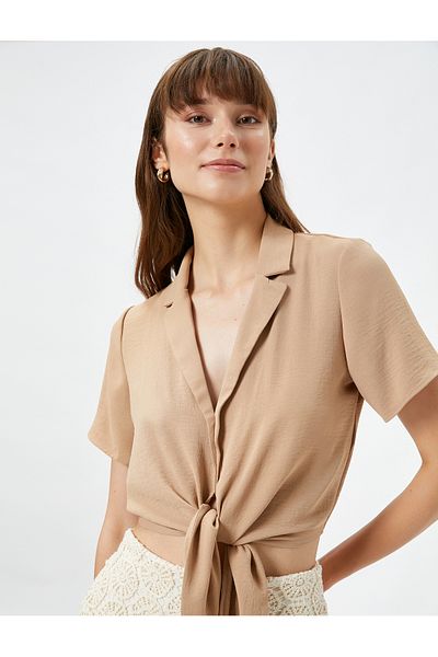 Koton Crop Shirt elülső nyakkendő, rövid ujjú gombos
