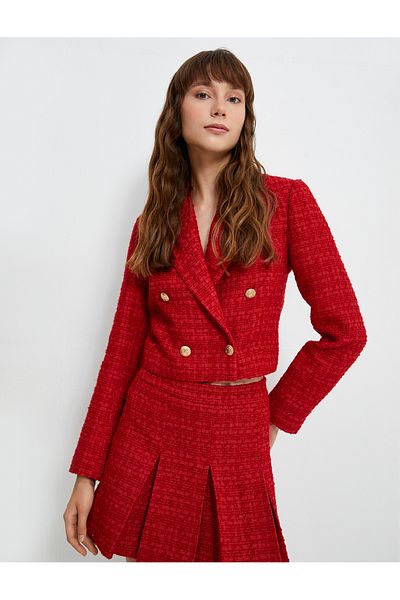 Koton Crop Tweed Blazer Jacket Buttoned Double Breasted Collar