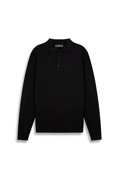 Ltb Pulover negru tricotat cu nasturi cu gât polo