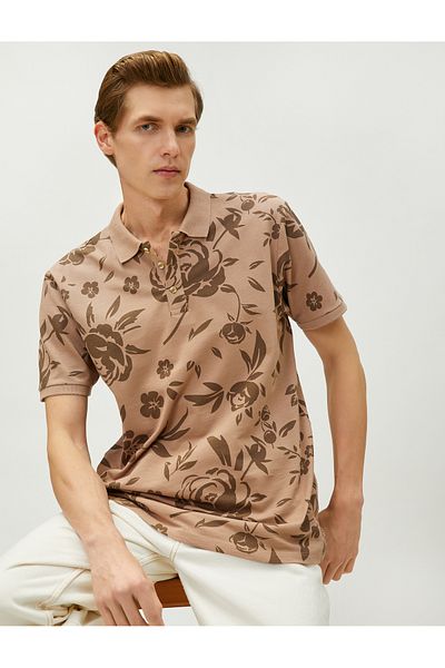 Koton Polo-Hals-T-Shirt mit Blumenmuster, schmale Passform, kurze Ärmel, geknöpft