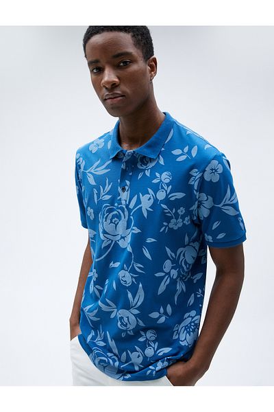 Koton Tričko Polo Neck Květinové Slim Fit s krátkým rukávem na knoflíky