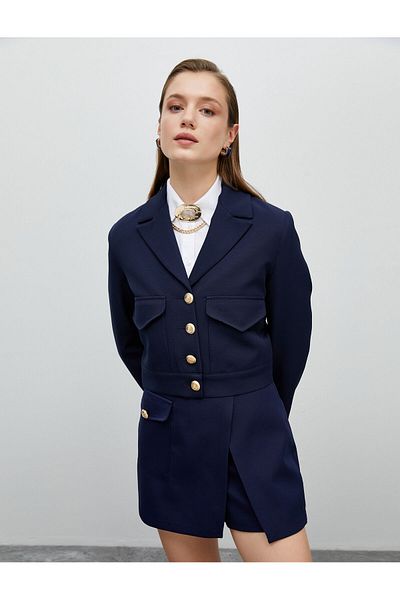 Koton Crop Blazer Jacket Gold Buttoned Pocket Detailed
