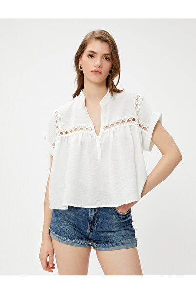 Koton Crop μπλούζα ριγέ Λεπτομερές κοντό μανίκι