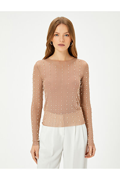 Koton Βραδινό φόρεμα Μπλούζα με πέτρα μαργαριτάρι Λεπτομερής μακρυμάνικο λαιμόκοψη λεπτή εφαρμογή