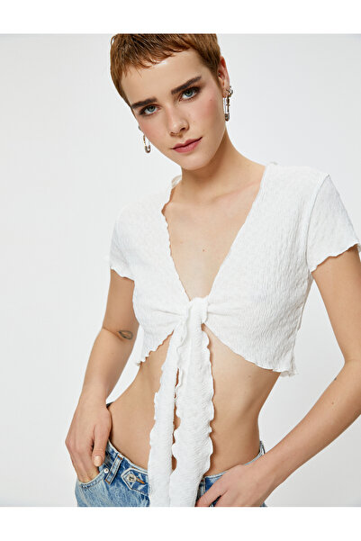 Koton Front Tie Crop T-Shirt Short Sleeve V-Neck Textured