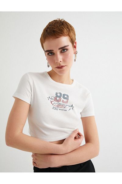 Koton Slim Fit Crop T-Shirt Printed Short Sleeve Crew Neck Cotton