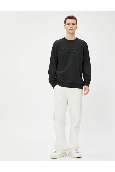 Koton Slogan Embroidered Sweater Crew Neck Textured