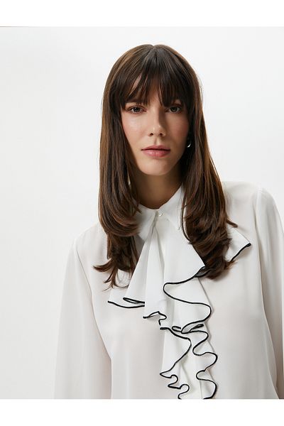 Koton Ruffled Chiffon Shirt with Balloon Sleeve Buttons
