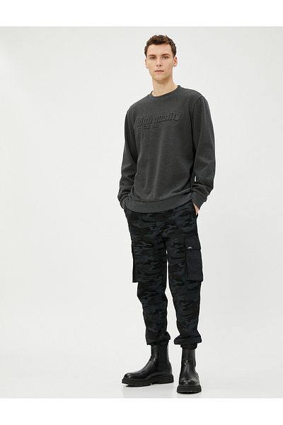 Koton Slogan Embroidered Sweater Embossed Textured Crew Neck