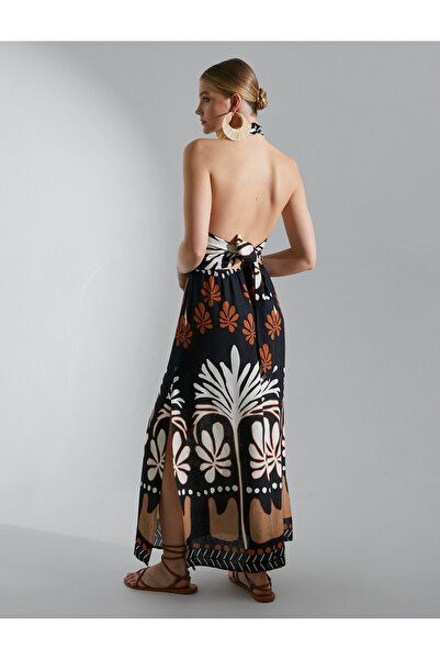 Koton Melis Ağazat X - Boyundan Bağlamalı Uzun Elbise Viskon Fiyonk Detaylı Etnik Desenli