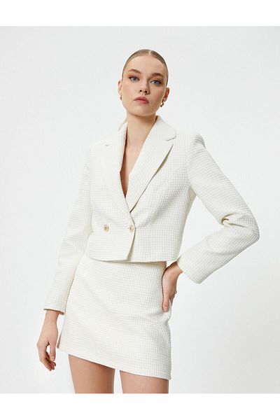 Koton Crop Blazer Jacket Double Breasted Buttoned Textured