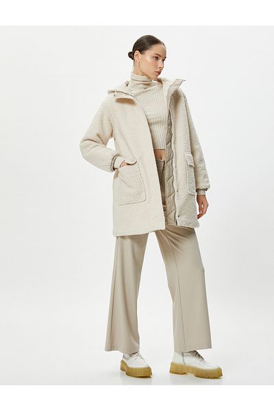 Koton Plush Long Coat Hooded Zippered Quilted Wind Flap Pockets