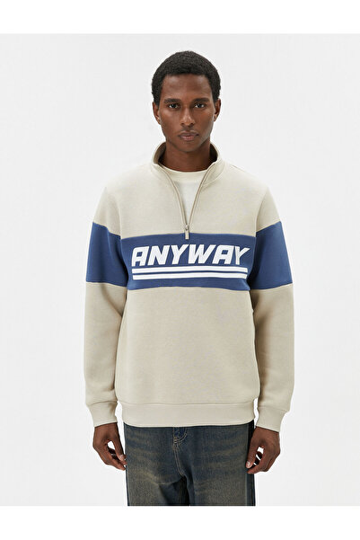 Koton Φούτερ με όρθιο γιακά με σλόγκαν Color Block - Μισό φερμουάρ