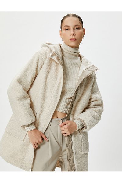 Koton Plush Long Coat Hooded Zippered Quilted Wind Flap Pockets