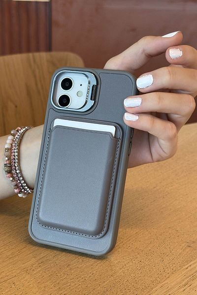 Paladyum Case iPhone 12 Compatible Premium Titanium Gray Leather Case with Magsafe Wallet Card Holder Camera Frame Stand