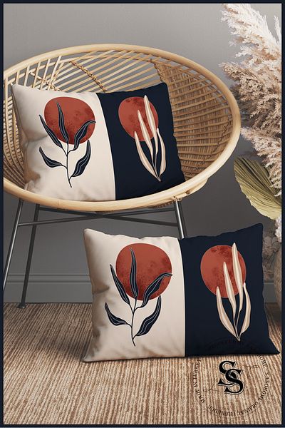 SasoHome Red Moon and Cream Plants Designed 2-Piece Rectangular Throw Pillow Cover