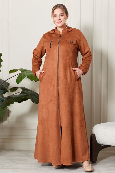 Ferace Plus Size Hijab Suede Hooded Top Coat - Chest Zippered