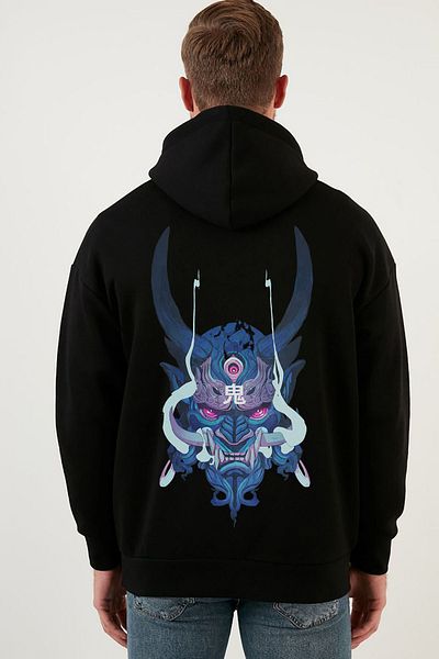 Butik Oni Mask Printed Two Thread Oversize Hooded Unisex Kangaroo Pocket Sweatshirt