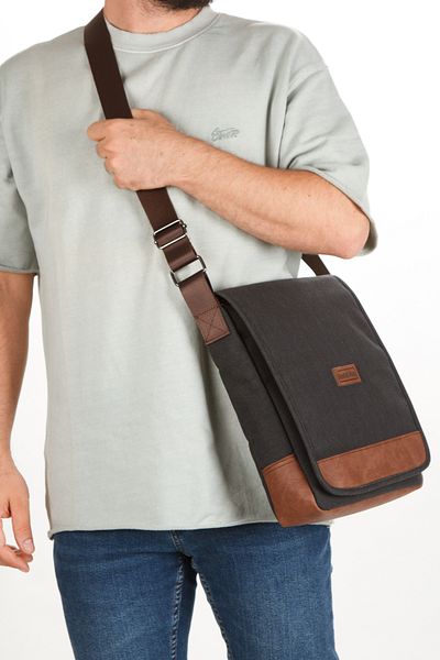 Newish Unisex Μαύρη πάνινη υφασμάτινη τσάντα ώμου Διαγώνια τσάντα πολλαπλών διαμερισμάτων Macbook Tablet