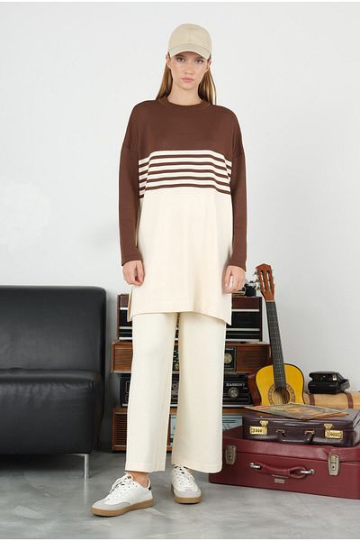 HEQA Brown and Ecru Striped Knitwear Sweater