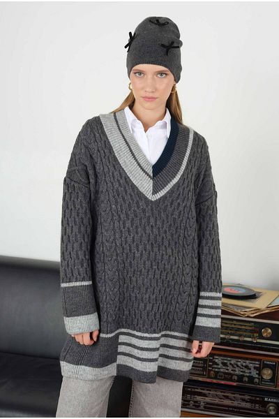 HEQA Dark Gray Textured Sweater - Stripe Detail