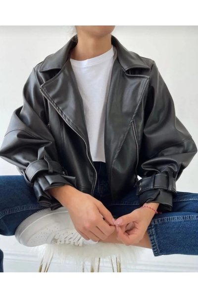 festivalya Kadın Siyah Oversize Deri Ceket