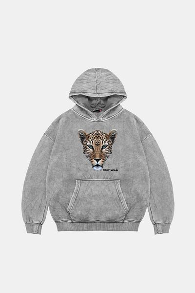 Bak Moda Леопардов принт Stay Wild - Унисекс голям бял суичър с качулка
