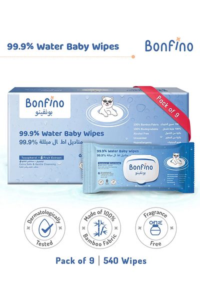 Bonfino 540 Pieces, Hypoallergenic 99.9% Water Baby Wipes - Alcohol & Fragrance-Free, Biodegradable