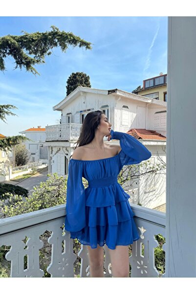 Sindimoda Kat Volanlı Şifon Elbise