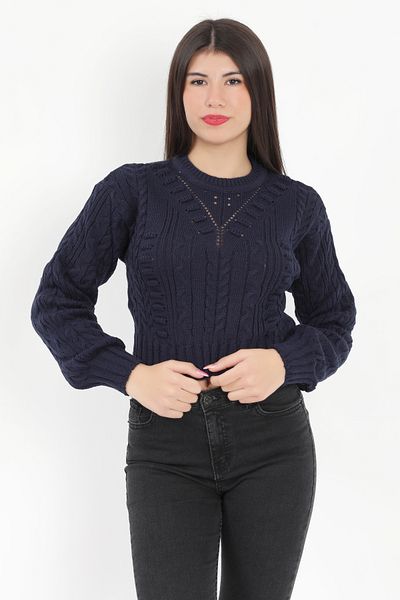 GİYSA Women's Navy Blue Wafer Crop Sweater - 1556
