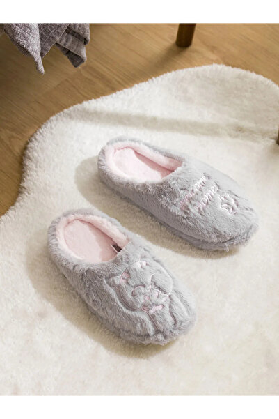 LC Waikiki Papuci de casă pentru femei LCW STEPS, cu pisică gri, brodate de pluș