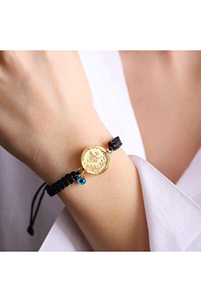 Sembol Gold Çeyrek Reşat Altın Bileklik 14k Nazarboncuk (SİYAH İP)