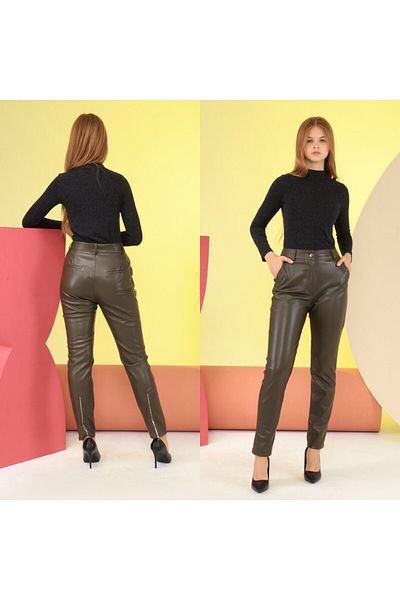 OUZ Fashion Women's Faux Leather Raised Zippered Trousers