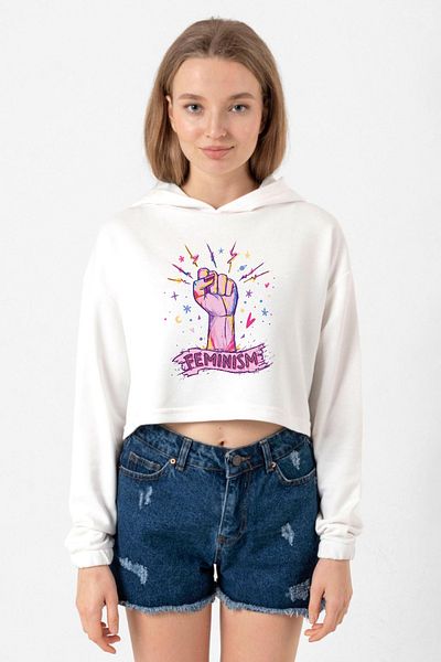 Tshirthane Дамски суичър с качулка в екрю - Цветна феминистична ръка