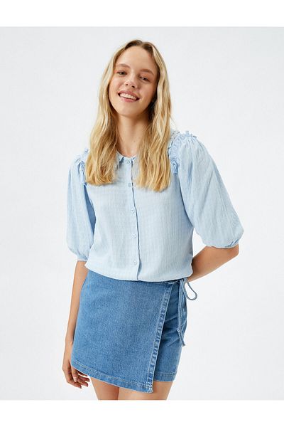 Koton Balloon Sleeve Shirt Baby Collar Ruffle Detailed Textured
