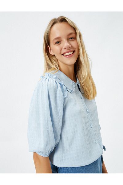 Koton Balloon Sleeve Shirt Baby Collar Ruffle Detailed Textured