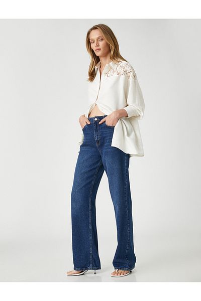 Koton Oversize košile háčkovaná detailní lněná směs