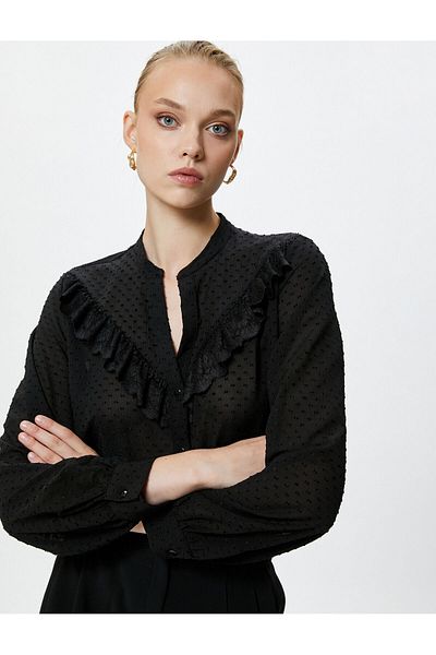 Koton Ruffled Chiffon Shirt Balloon Sleeves Textured Judge Collar