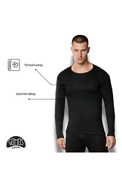 Gümüş İç Giyim Ανδρικό μακρυμάνικο μαύρο χειμερινό θερμικό μπλουζάκι, ασημί εσώρουχα Ανδρικό μαύρο θερμικό μπλουζάκι